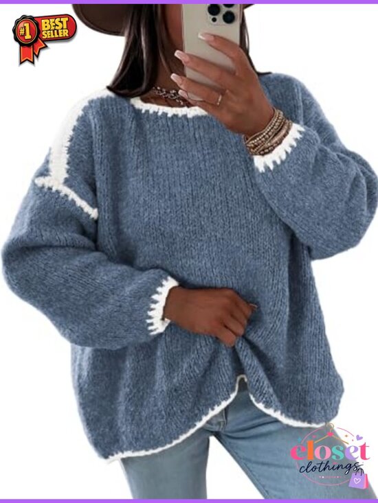 Sweaters - Oversized Chunky Knit Pullover Sweater Crewneck Long Sleeve Drop Shoulder